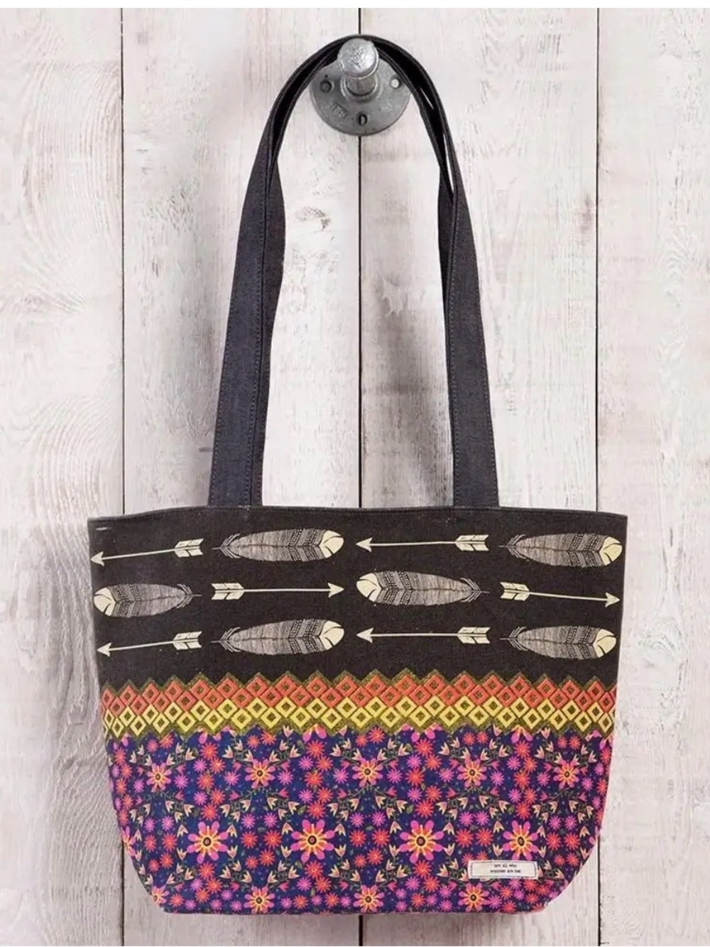 Natural Life Stylish Floral Boho Tote Bag - Black and Multicolor